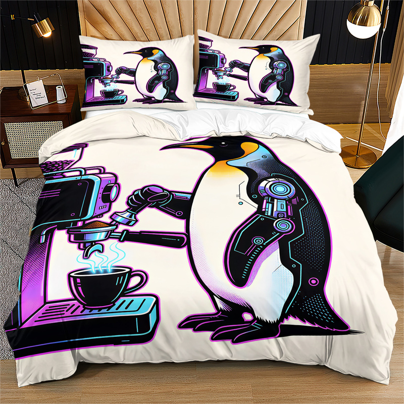 Linen Duvet Cover - Cute Coffee Penguin Print Duvet Cover