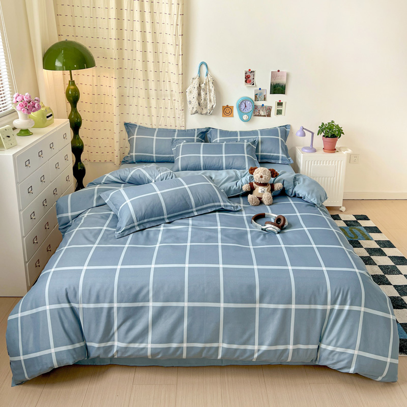 Linen Duvet Cover - 4PCS Light Blue Grid Bedding Set