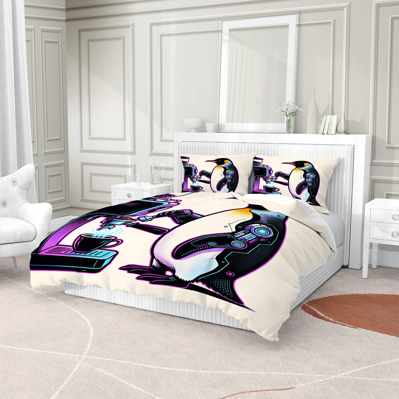 Cute Coffee Penguin Print Duve - Linen Duvet Cover ulasan dan harga