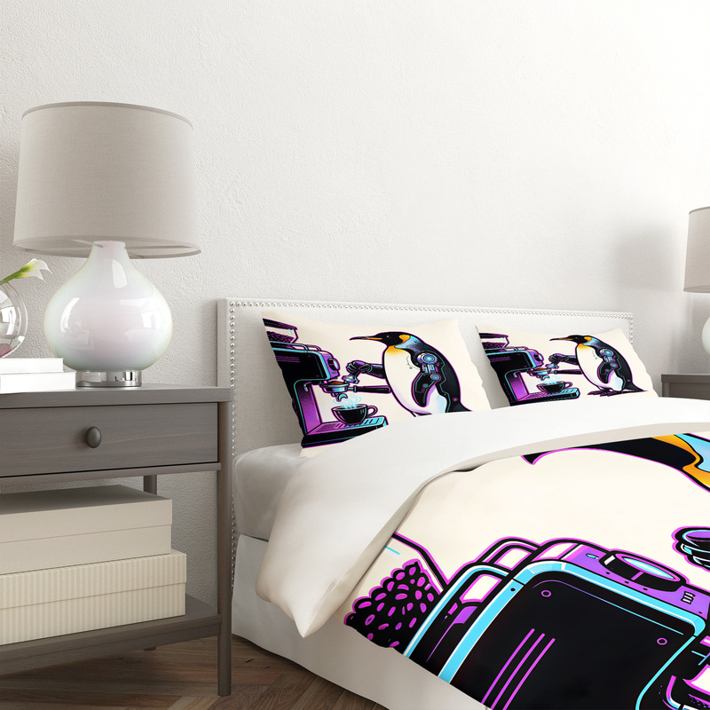 Cute Coffee Penguin Print Duve - Linen Duvet Cover ulasan dan harga