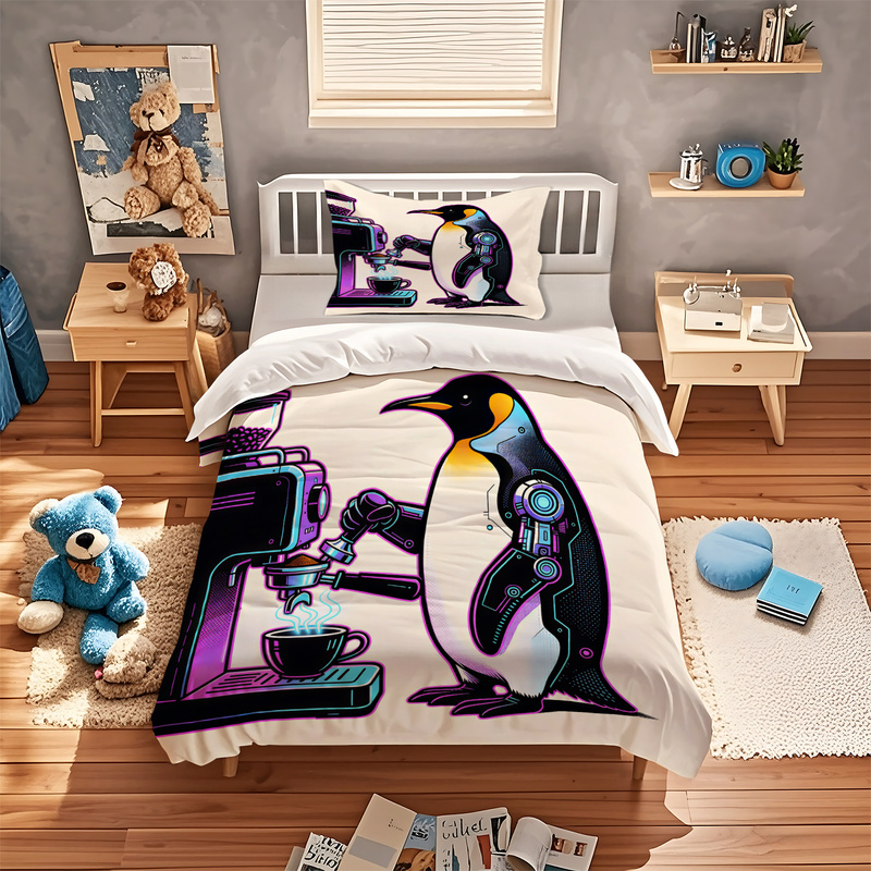 Cute Coffee Penguin Print Duve - Linen Duvet Cover ulasan dan harga
