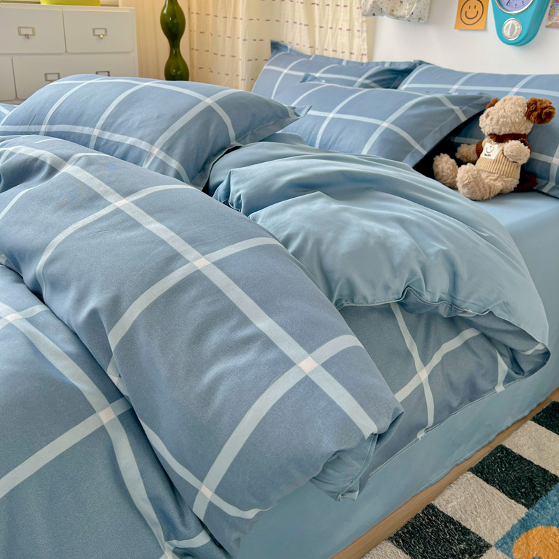 4PCS Light Blue Grid Bedding S - Linen Duvet Cover ulasan dan harga