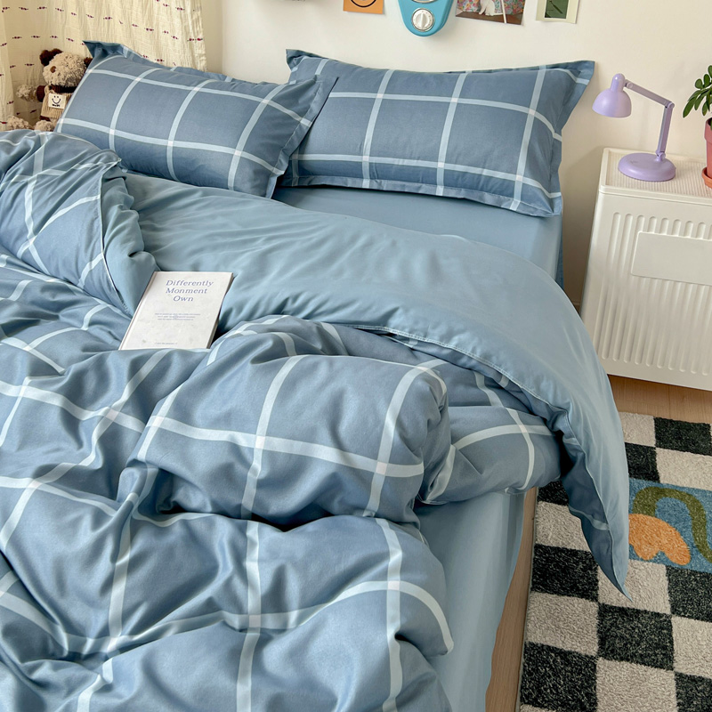 4PCS Light Blue Grid Bedding S - Linen Duvet Cover ulasan dan harga