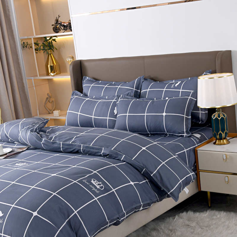 4pcs Navy Blue Grid Bedding Se - Linen Duvet Cover ulasan dan harga