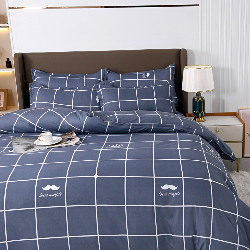 4pcs Navy Blue Grid Bedding Se - Linen Duvet Cover ulasan dan harga