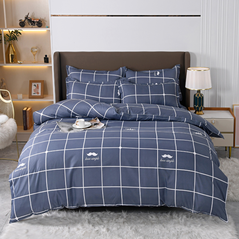 4pcs Navy Blue Grid Bedding Se - Linen Duvet Cover ulasan dan harga