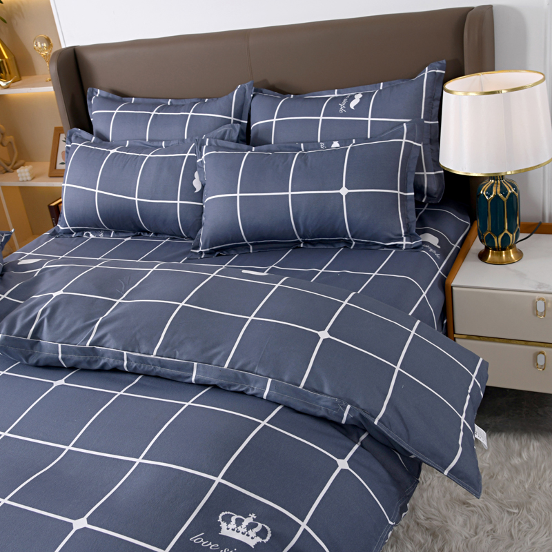 4pcs Navy Blue Grid Bedding Se - Linen Duvet Cover ulasan dan harga